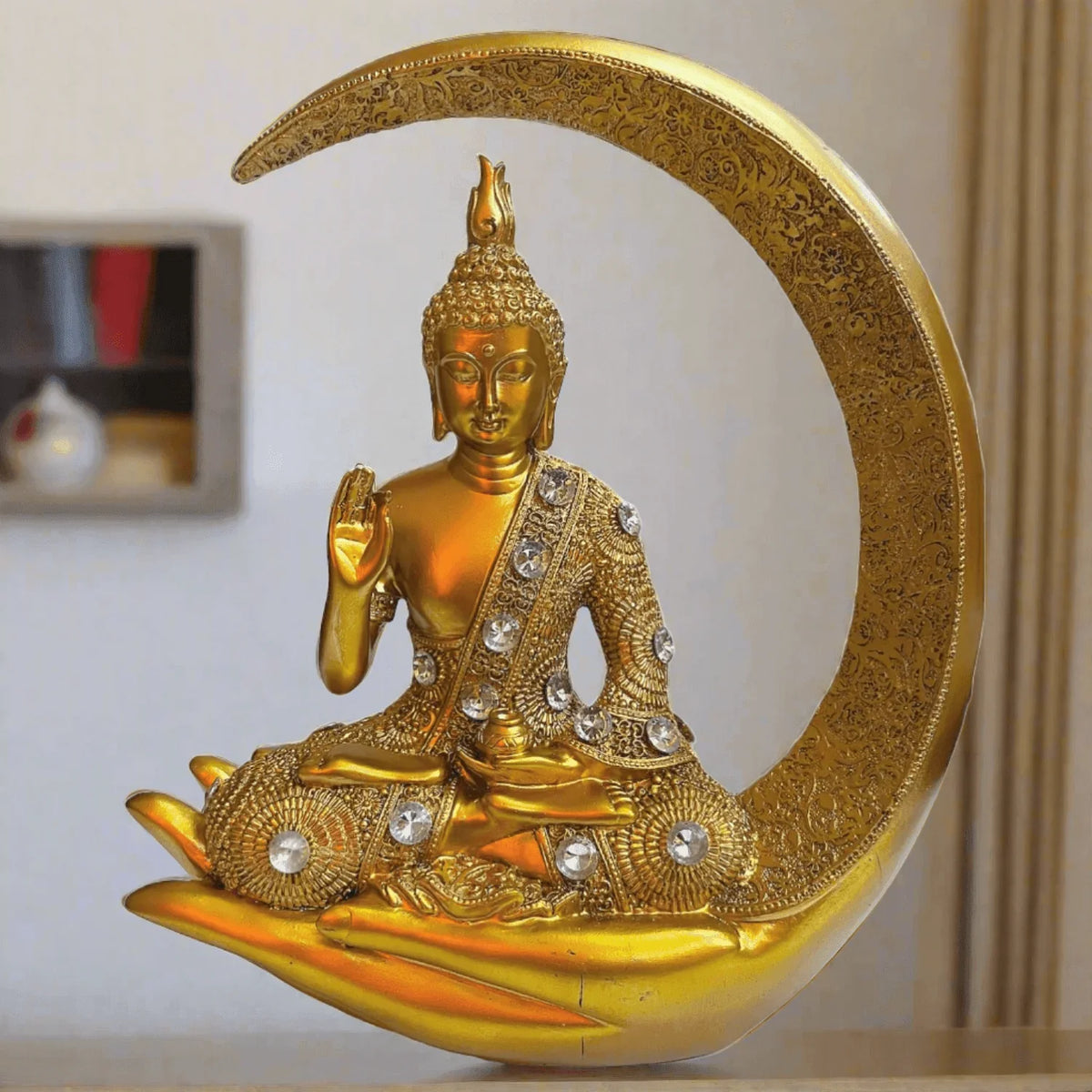 ALiLa Golden Meditating Buddha Moon Statue Idol for Home Living Room Decor, 9 Inches - ALiLA
