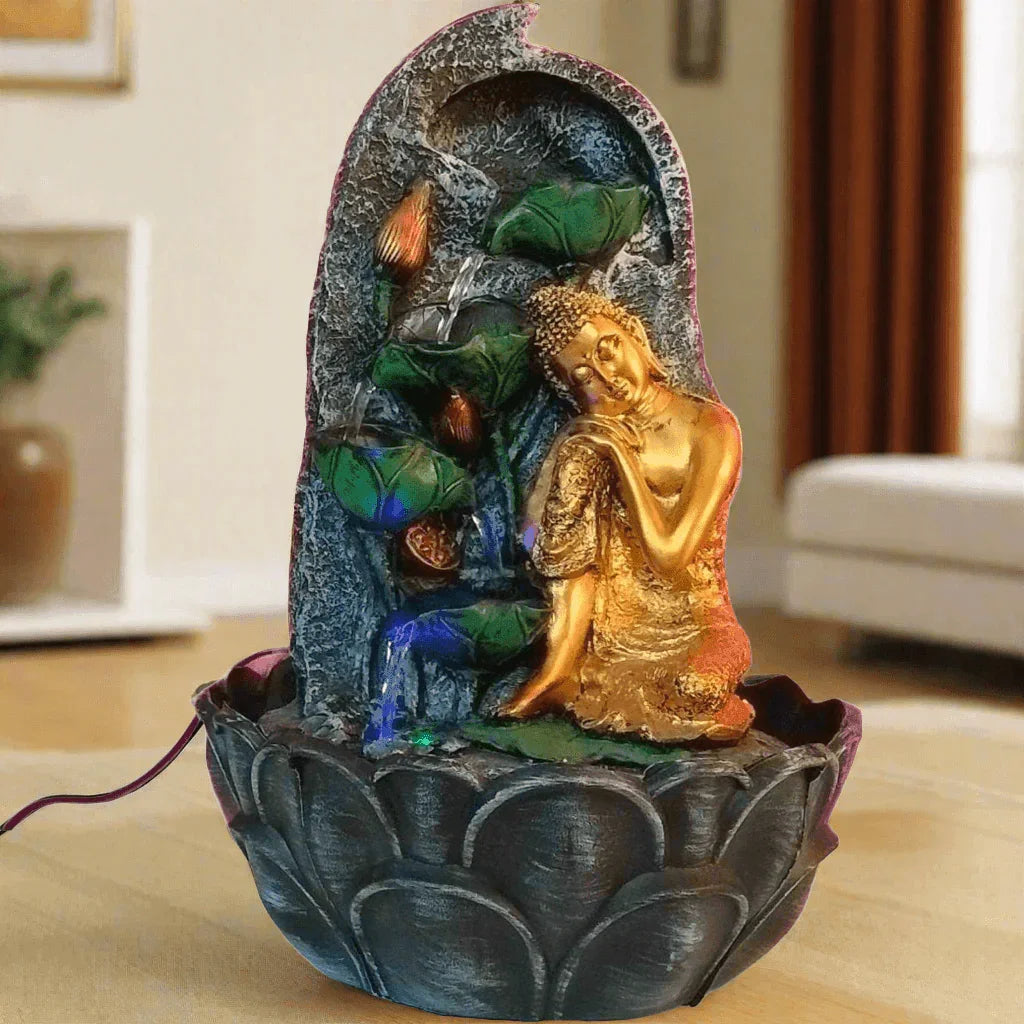 ALiLa Buddha Statue Waterfall Leaf Diya Fountain for Home Living Room Decoration Indoor/Outdoor Gifting item - ALiLA