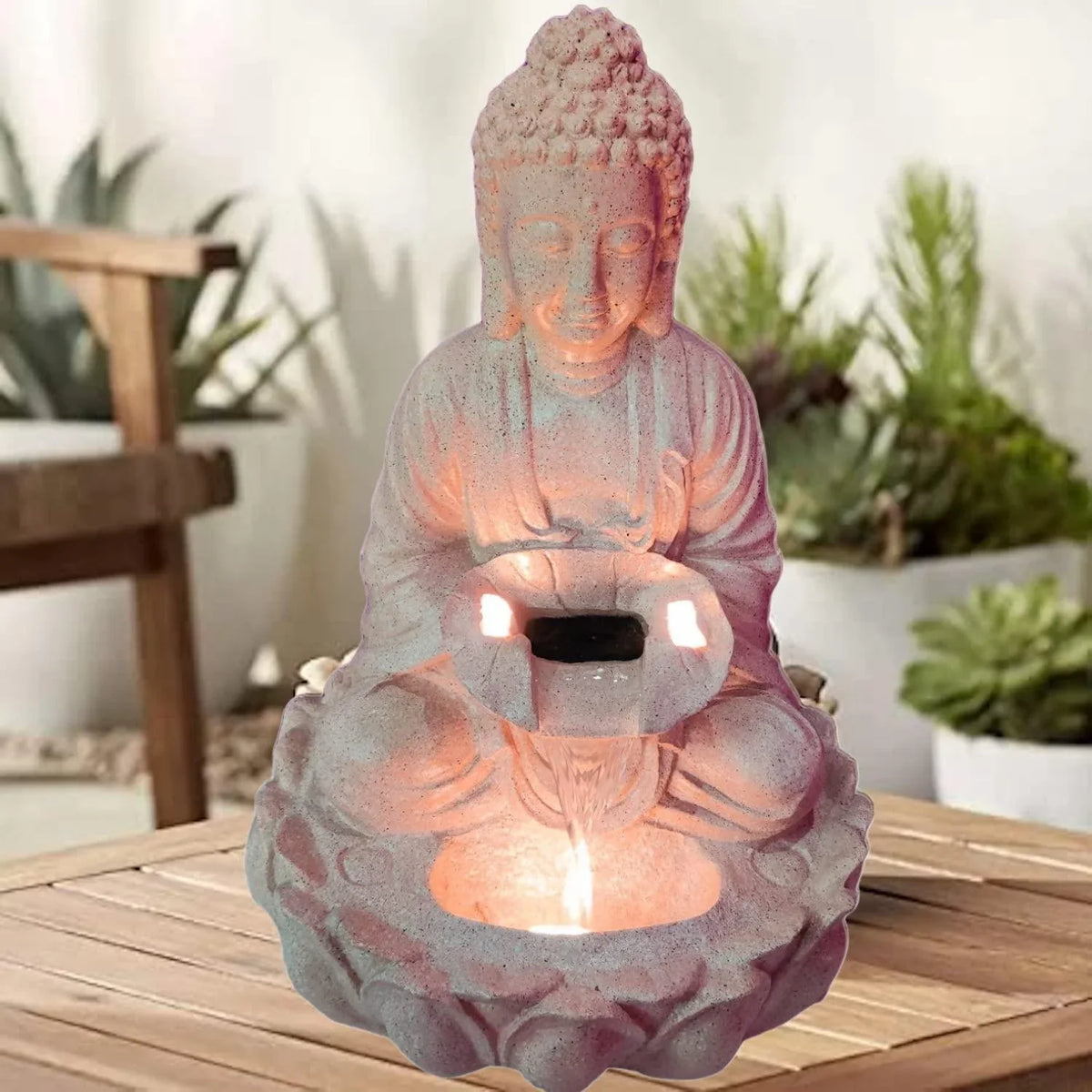 ALiLa Kamal Buddha Idol Table Top Water Fall Fountain with LED Lights Home Decoration Indoor Outdoor Gift Gifting Items, 21 inches, Rose Gold - ALiLA