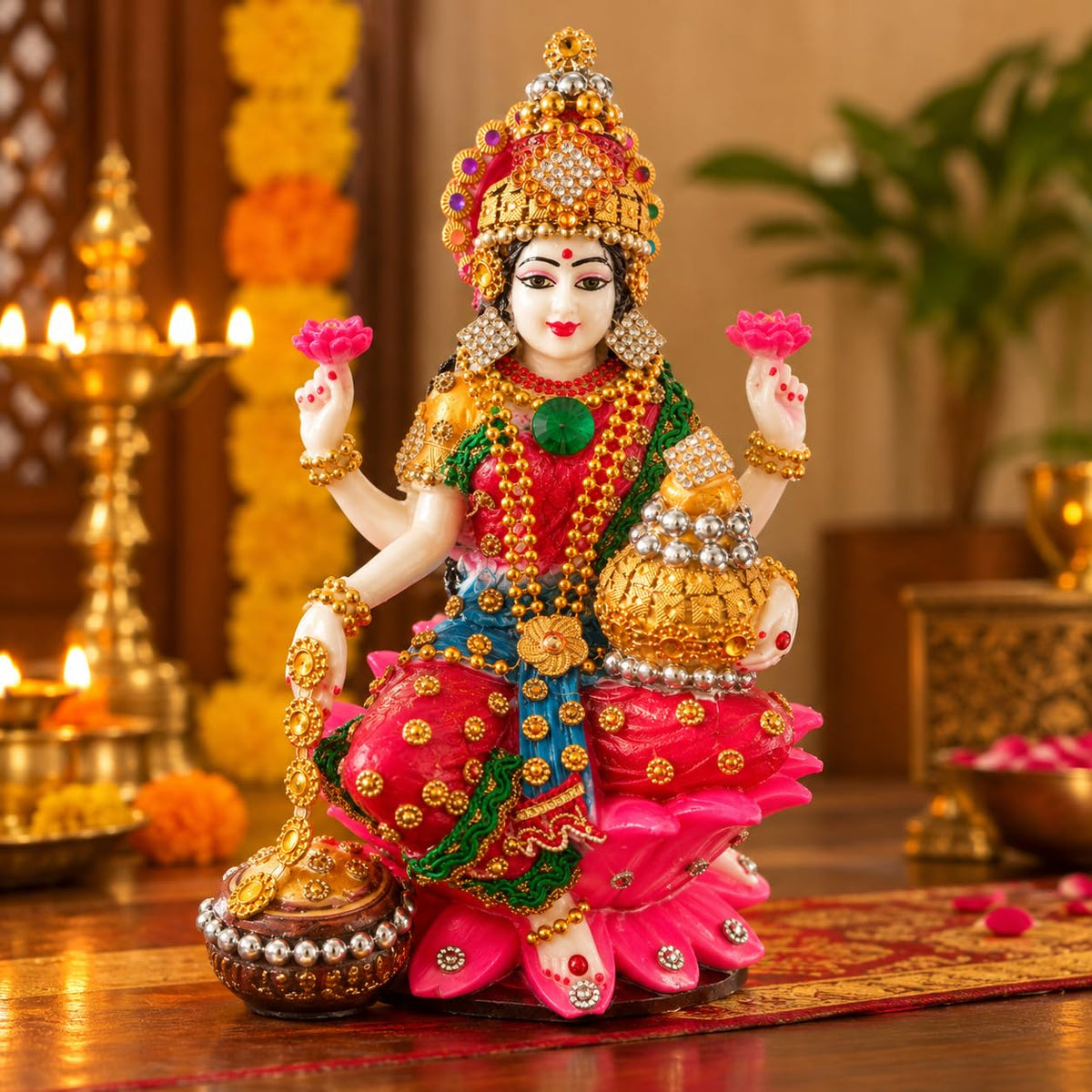 Statue ALiLA ALiLa Decor Lakshmi Ji Idol with Lotus Base, Decorative Kalash for Diwali Statue
