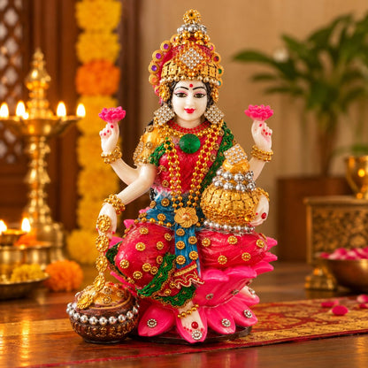 Statue ALiLA ALiLa Decor Lakshmi Ji Idol with Lotus Base, Decorative Kalash for Diwali Statue