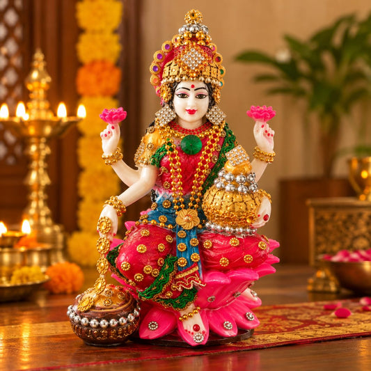 Statue ALiLA ALiLa Decor Lakshmi Ji Idol with Lotus Base, Decorative Kalash for Diwali Statue