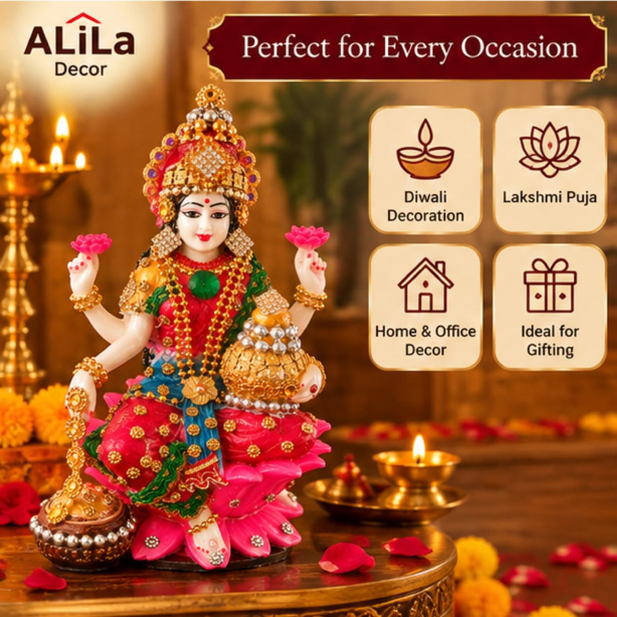 Statue ALiLA ALiLa Decor Lakshmi Ji Idol with Lotus Base, Decorative Kalash for Diwali Statue