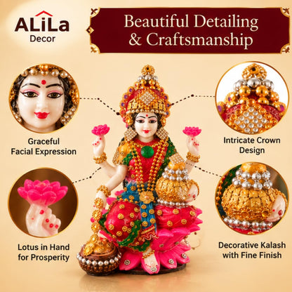 Statue ALiLA ALiLa Decor Lakshmi Ji Idol with Lotus Base, Decorative Kalash for Diwali Statue