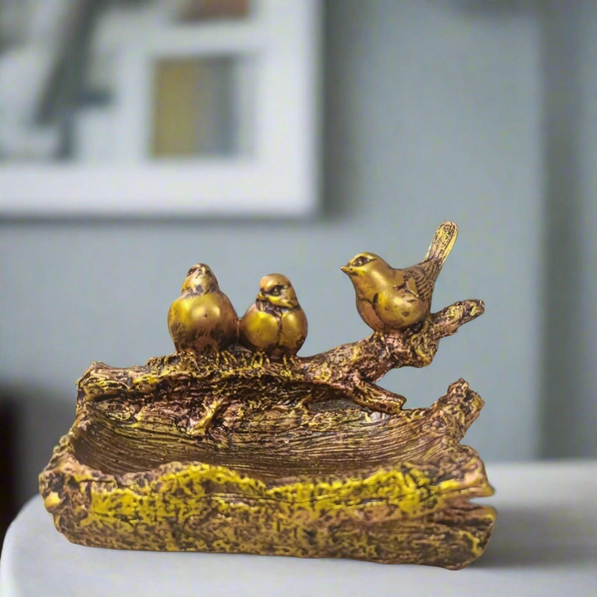 ALILA Birds Sitting on Tree Shape Tray Statue Showpiece Idol for Gifting & Home Office Living Room Table Decoration, Golden - ALiLA