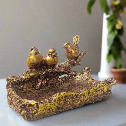 ALILA Birds Sitting on Tree Shape Tray Statue Showpiece Idol for Gifting & Home Office Living Room Table Decoration, Golden - ALiLA