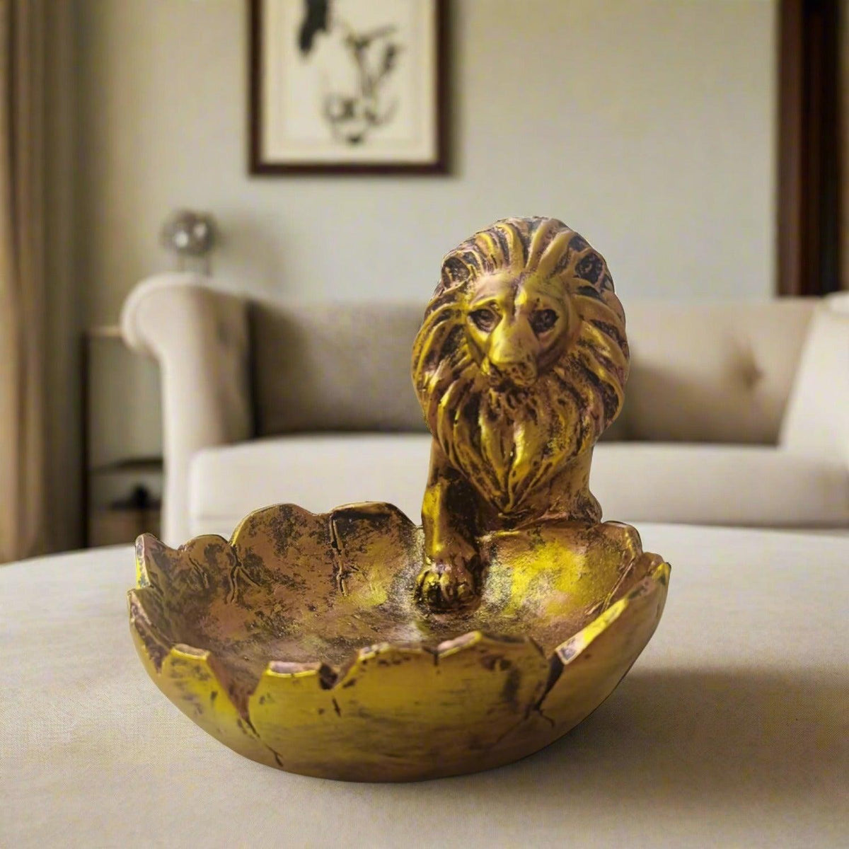 ALILA Lion Babbar Sher Bowk Tray Statue Showpiece Idol for Gifting & Home Living Room Table Decoration, Golden - ALiLA