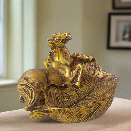 ALILA Elegant Horse on Tray Leaf Statue Showpiece Idol for Gifting & Home Table Living room Decoration, Golden - ALiLA