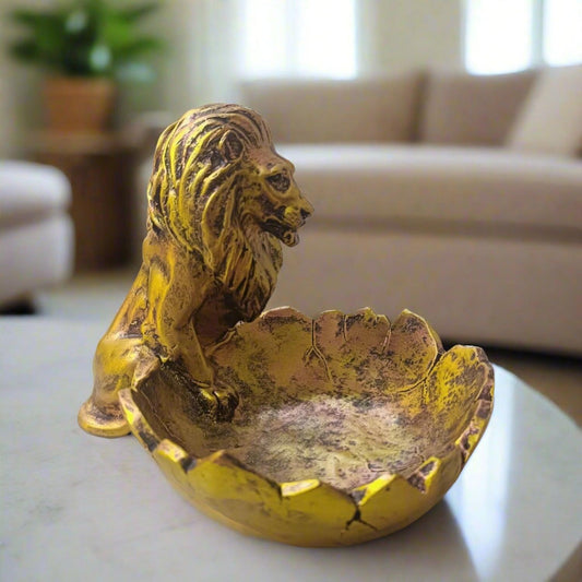 ALILA Lion Babbar Sher Bowk Tray Statue Showpiece Idol for Gifting & Home Living Room Table Decoration, Golden - ALiLA