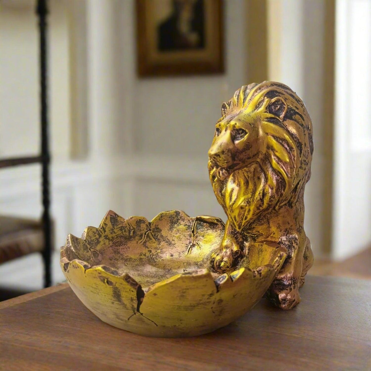 ALILA Lion Babbar Sher Bowk Tray Statue Showpiece Idol for Gifting & Home Living Room Table Decoration, Golden - ALiLA