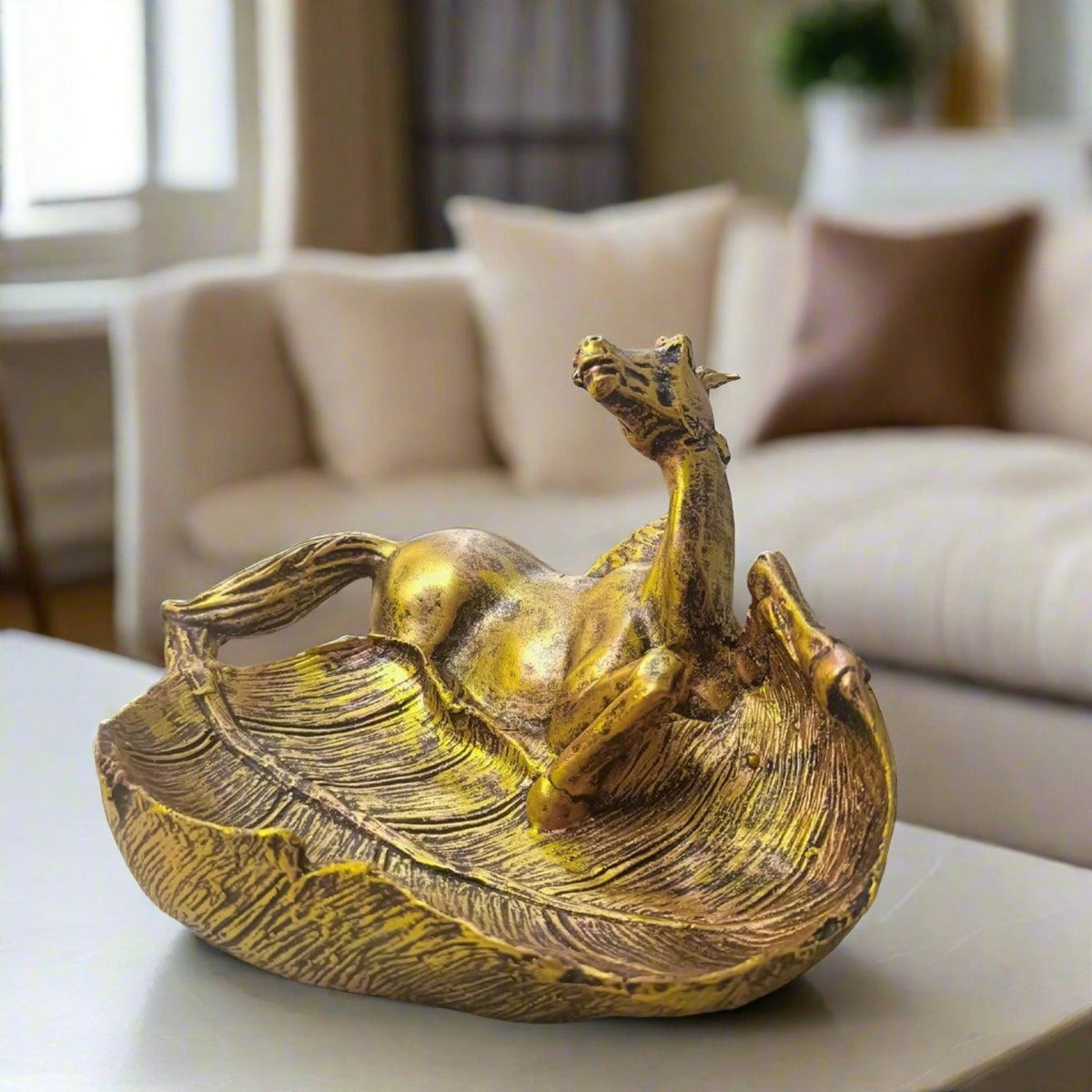 ALILA Elegant Horse on Tray Leaf Statue Showpiece Idol for Gifting & Home Table Living room Decoration, Golden - ALiLA