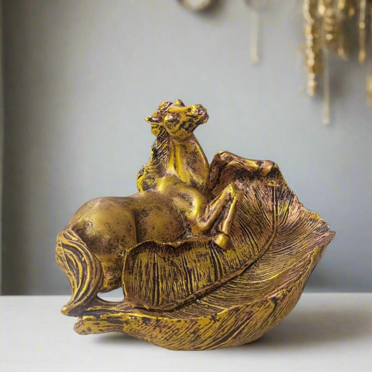 ALILA Elegant Horse on Tray Leaf Statue Showpiece Idol for Gifting & Home Table Living room Decoration, Golden - ALiLA