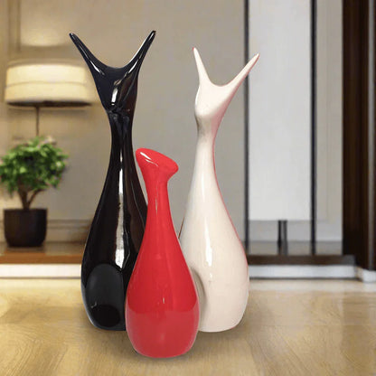 Lucky Deer Statue Family Ceramic Figures Showpiece for Home Office Decoration & Gifting, Set of 3 (Black, White & Red)) - ALiLA