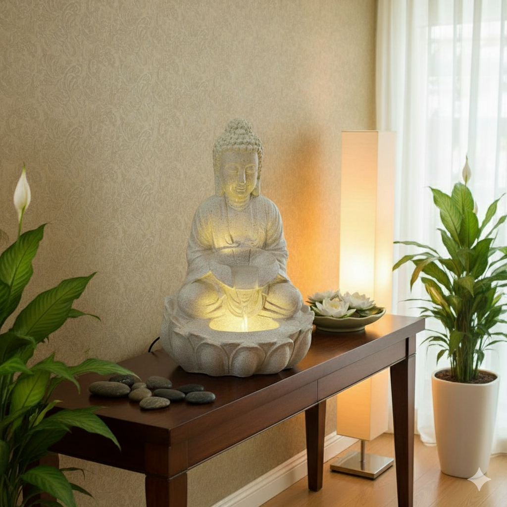 Water Fountain ALiLA ALiLa Kamal Lotus Buddha Statue Water Fountains For Home Living Room Decor with LED Lights Decoration  Indoor Outdoor Gift Gifting Items, 21 inches Water Fountain