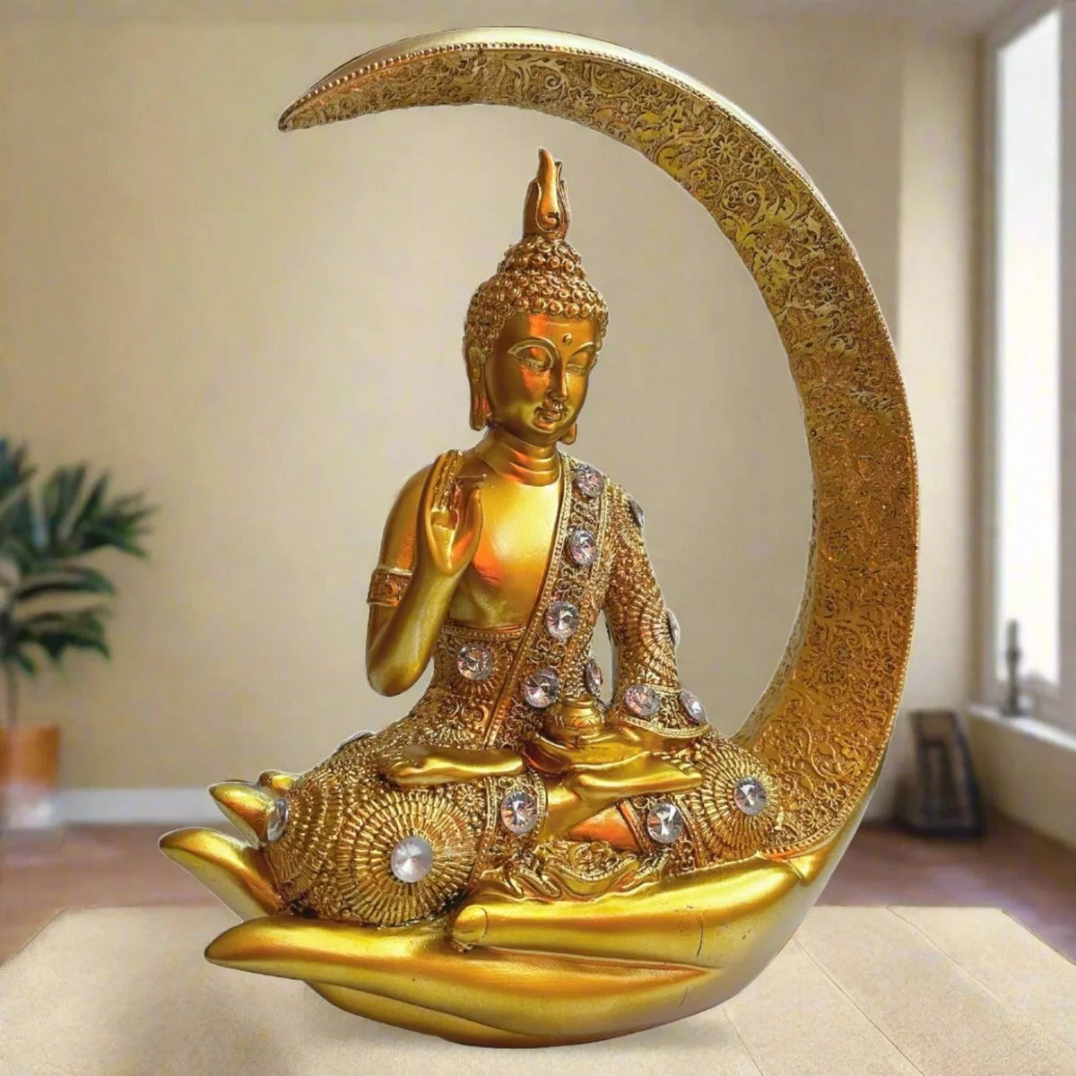 ALiLa Golden Meditating Buddha Moon Statue Idol for Home Living Room Decor, 9 Inches - ALiLA