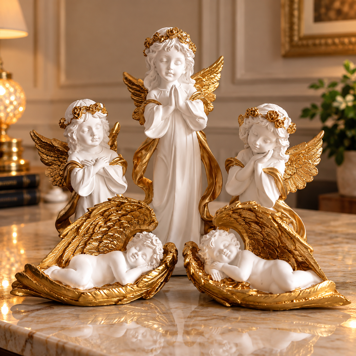 Statue ALiLA White Fairy Angels Figurine Statues for Home Living Room Garden Shelf Mantel Decor Decoration Gifting Item, Set of 5 Statue