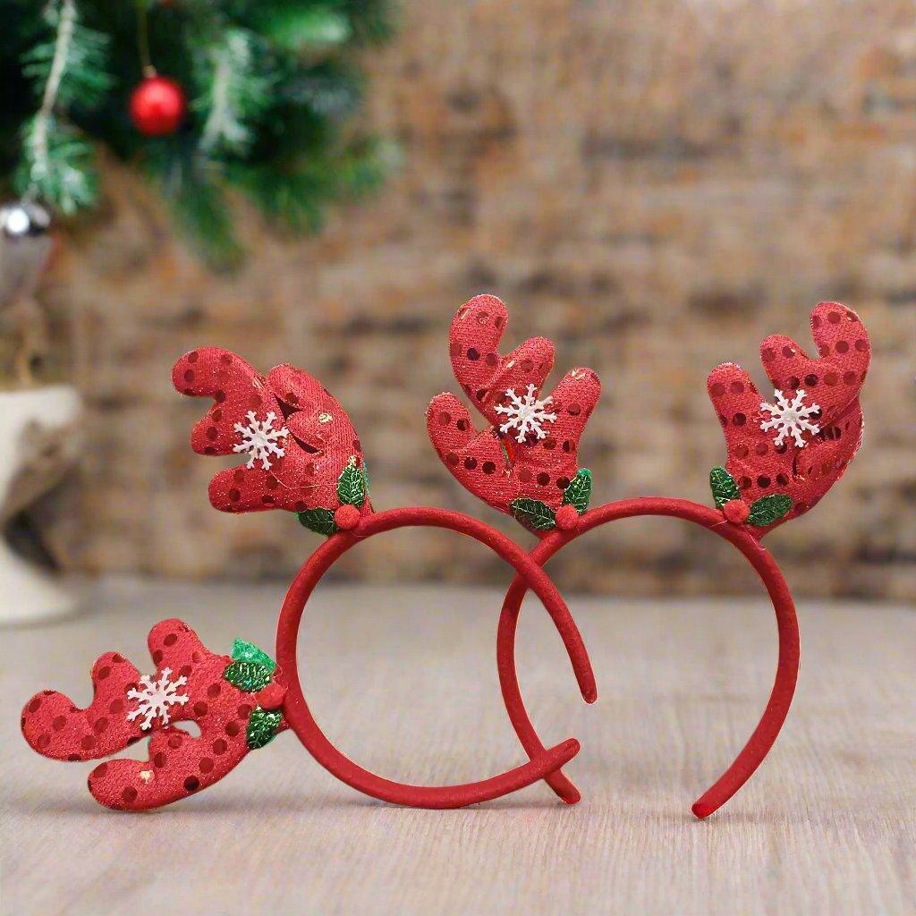New Winter Xmas Headbands Fashion Reindeer Horns Deer Christmas Head Hair Ears Sparkling Bands Decoration, Red, Pack of 2 - ALiLA