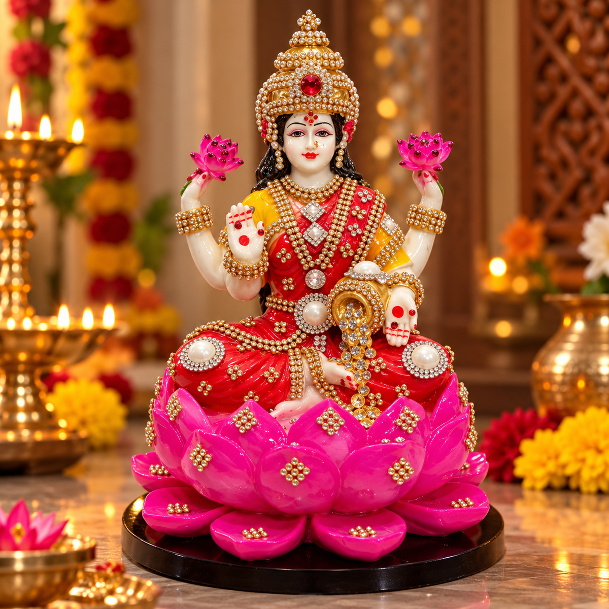 Statue ALiLA ALiLa Marble Lakshmi Ji Ki Murti Lotus God Idol Figurine with Ornaments for Pooja Room Gift Items Mandir/Temple/Home/Office Statue