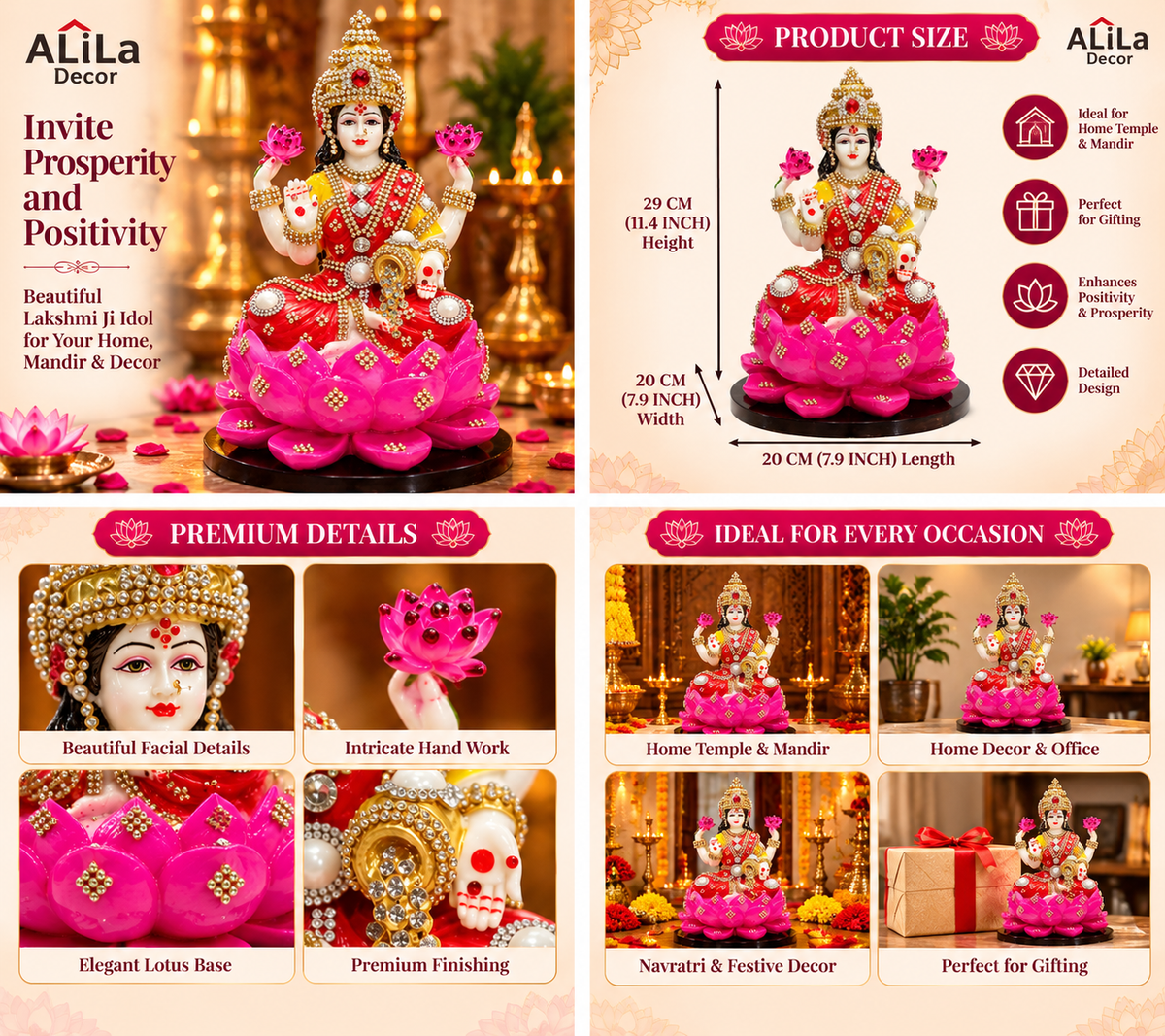 Statue ALiLA ALiLa Marble Lakshmi Ji Ki Murti Lotus God Idol Figurine with Ornaments for Pooja Room Gift Items Mandir/Temple/Home/Office Statue