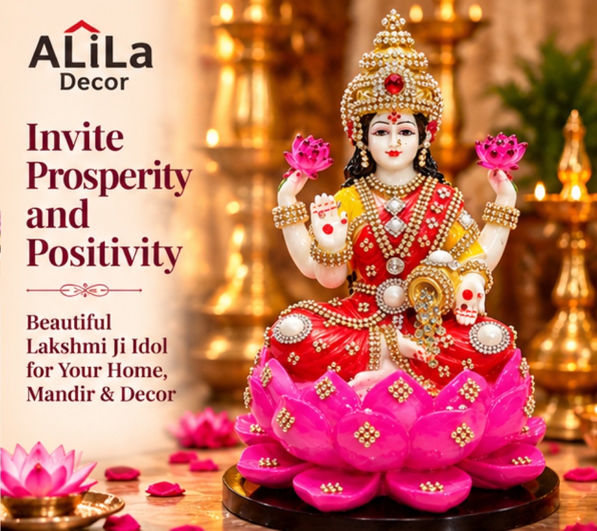 Statue ALiLA ALiLa Marble Lakshmi Ji Ki Murti Lotus God Idol Figurine with Ornaments for Pooja Room Gift Items Mandir/Temple/Home/Office Statue