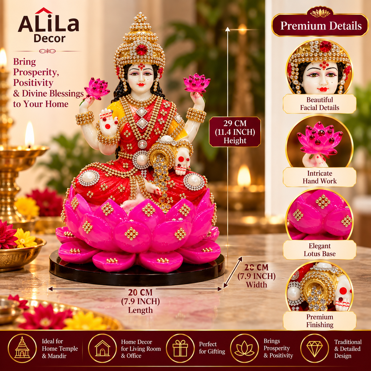 Statue ALiLA ALiLa Marble Lakshmi Ji Ki Murti Lotus God Idol Figurine with Ornaments for Pooja Room Gift Items Mandir/Temple/Home/Office Statue