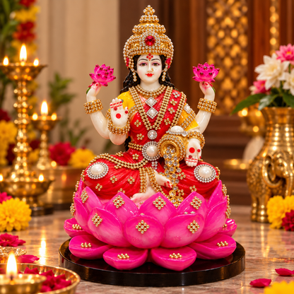 Statue ALiLA ALiLa Marble Lakshmi Ji Ki Murti Lotus God Idol Figurine with Ornaments for Pooja Room Gift Items Mandir/Temple/Home/Office Statue