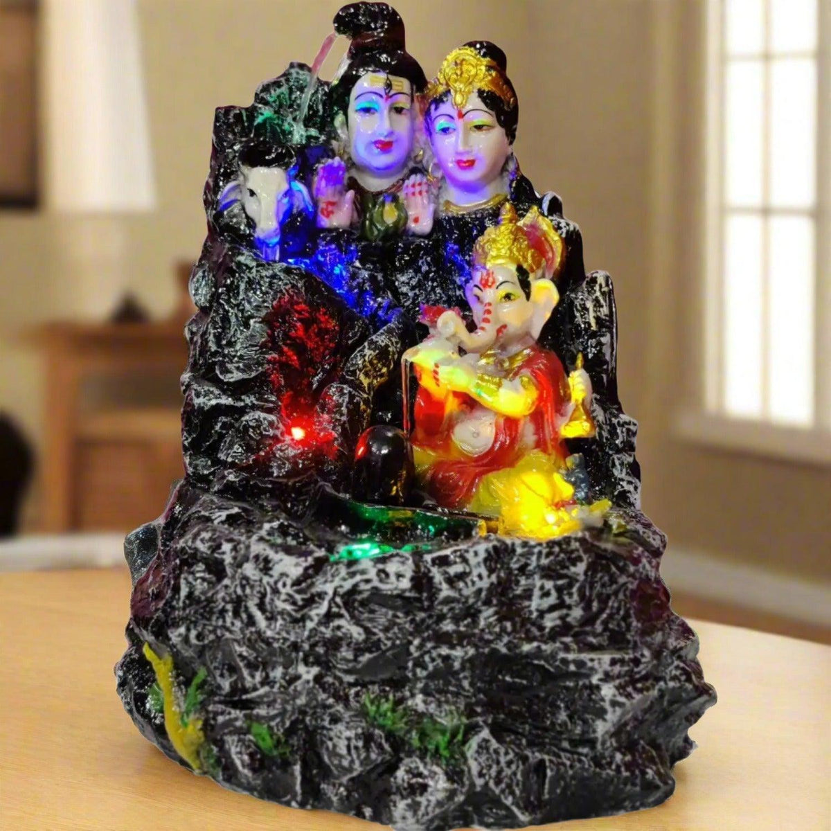 ALiLa Lord Shiva Shiv Ji Family Water Fall Fountain Statue With Extra Led Lights For Home Temple Living Room Decor, 18 inches - ALiLA