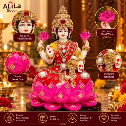 Statue ALiLA ALiLa Marble Lakshmi Ji Ki Murti Lotus God Idol Figurine with Ornaments for Pooja Room Gift Items Mandir/Temple/Home/Office Statue