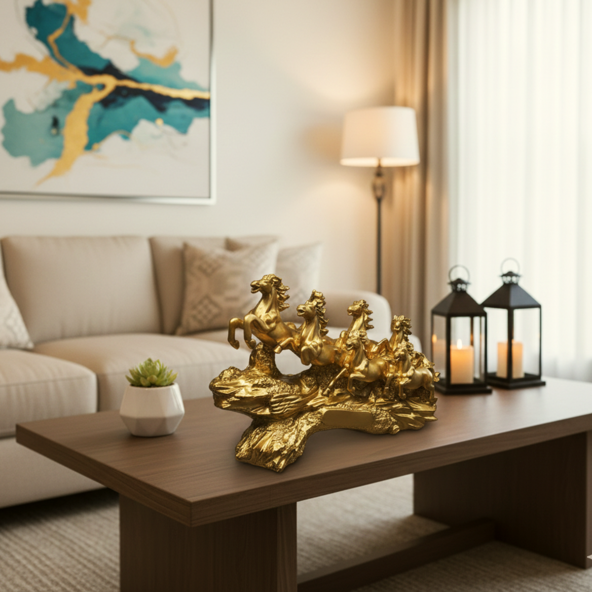 Statue ALiLA ALILA Golden 7 Running Horses Statue 19 Inch | Vastu Feng Shui Horse Showpiece for Home & Office Decor | Symbol of Success, Wealth & Good Luck | Decorative Horse Sculpture on Golden Wave Base Statue