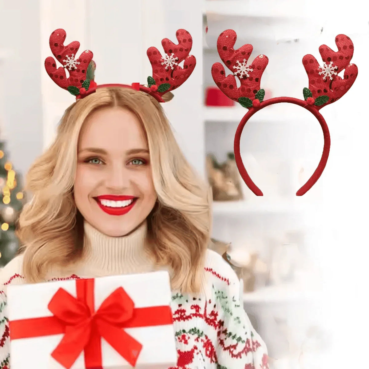 New Winter Xmas Headbands Fashion Reindeer Horns Deer Christmas Head Hair Ears Sparkling Bands Decoration, Red, Pack of 2 - ALiLA