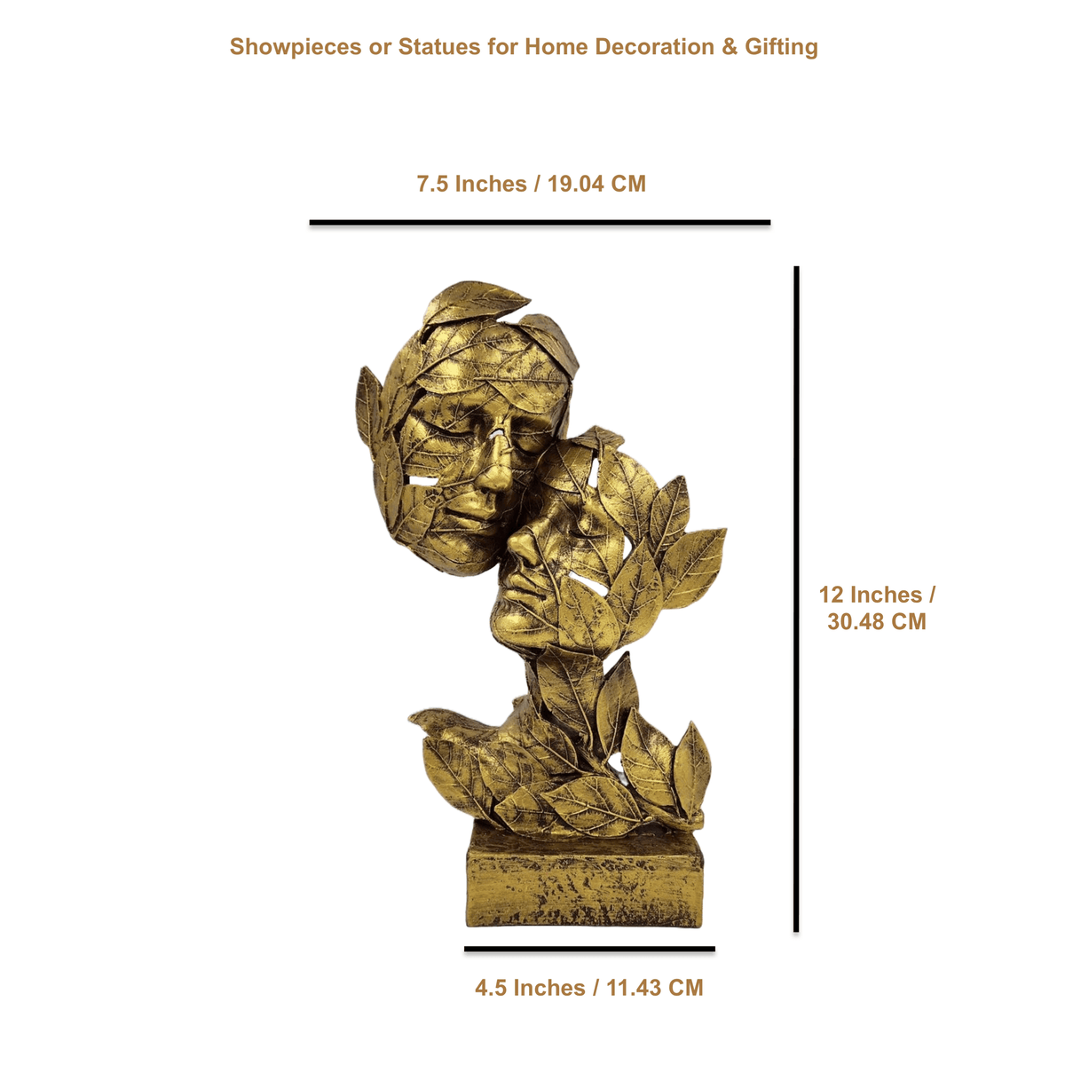 ALiLa Golden Leaf Couple Faces Statue Showpiece Idol for Gifting & Home Table Decoration Vastu Lucky, 12.5 Inches Height - ALiLA