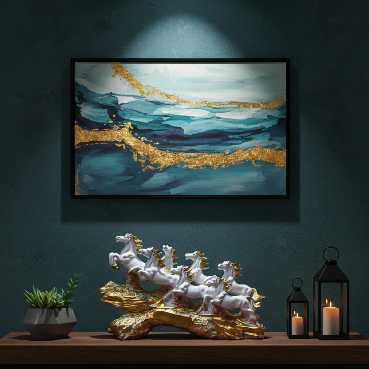 Statue ALiLA ALILA 7 Running Horses White Resin Statue 19 Inch | Vastu Feng Shui Horse Showpiece for Home & Office Decor | Symbol of Success, Wealth, Power | Decorative Horse Sculpture with Golden Wave Base Statue
