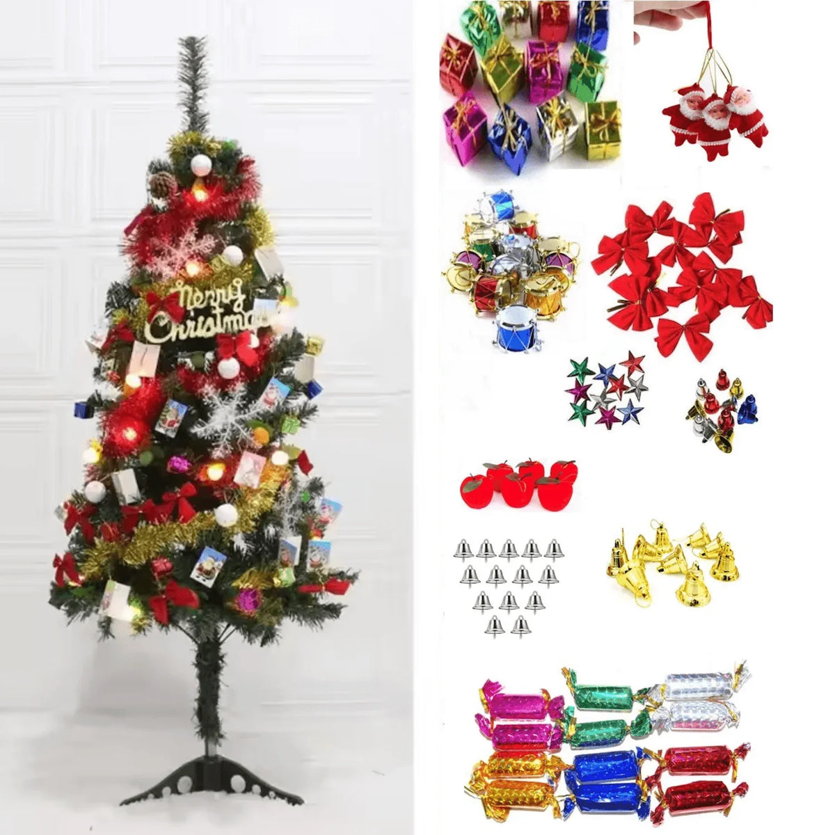3 Feet Artificial Christmas Tree with 60 Decorations and LED String Lights - Perfect for Home, Office, or Small Spaces - ALiLA