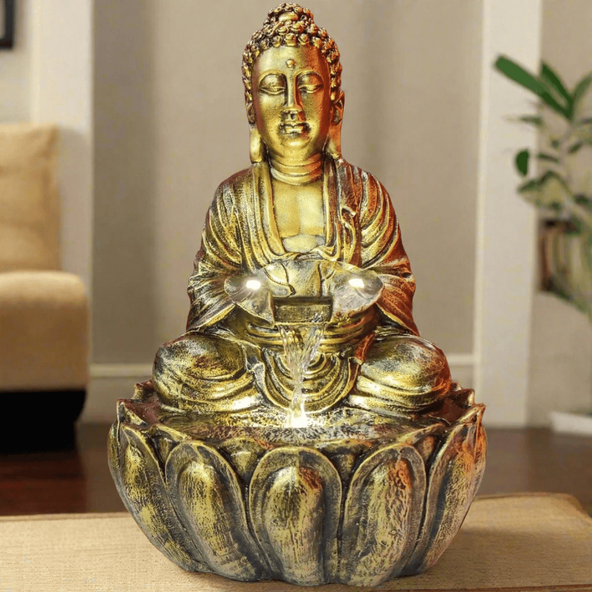 ALiLa Kamal Buddha Idol Table Top Water Fall Fountain with LED Lights Home Decor Decoration Indoor Outdoor Gift Gifting Items, 21 inches - ALiLA